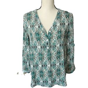 Fun 2 Fun Teal and White Patterned Blouse